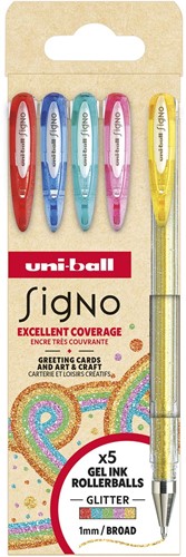 Uni-ball roller Signo Glitter, brede punt, geassorteerde kleuren, etui van 5 stuks
