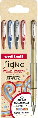 Uni-ball roller Signo Metallic, medium punt, geassorteerde kleuren, etui van 5 stuks