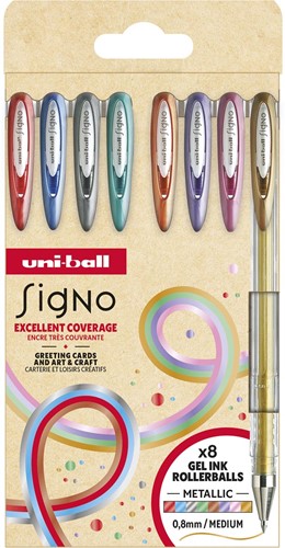 Uni-ball roller Signo Metallic, medium punt, geassorteerde kleuren, etui van 8 stuks