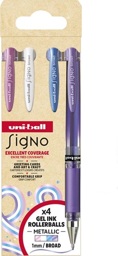 Uni-ball roller Signo Broad Creative, pointe large, étui de 4 pièces: rose, blanc, bleu, violet