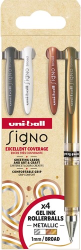 Uni-ball roller Signo Broad Creative, pointe large, étui de 4 pièces: argent, blanc, bronze, or