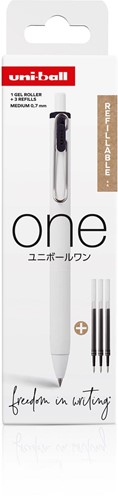 Uni-ball ONE roller à encre gel 0,7 mm noir, 1 roller + 3 recharges
